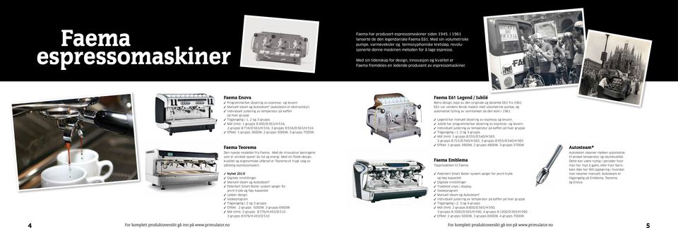 Med sin lidenskap for design, innovasjon og kvalitet er Faema fremdeles en ledende produsent av espressomaskiner.