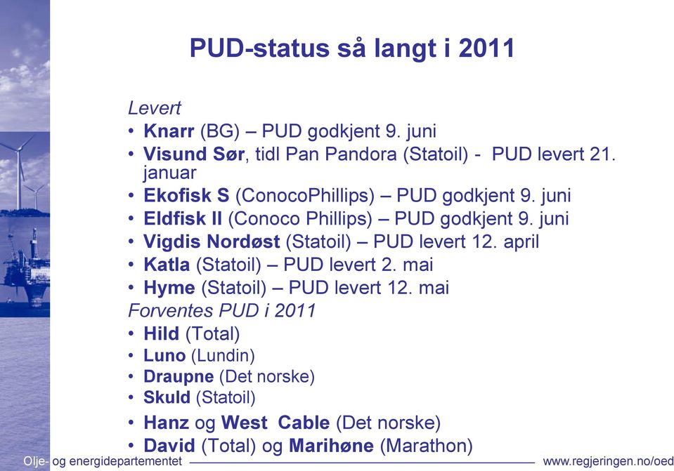 juni Vigdis Nordøst (Statoil) PUD levert 12. april Katla (Statoil) PUD levert 2. mai Hyme (Statoil) PUD levert 12.