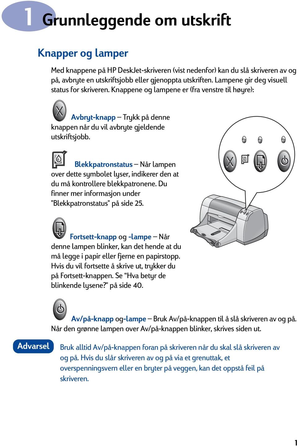 Blekkpatronstatus Når lampen over dette symbolet lyser, indikerer den at du må kontrollere blekkpatronene. Du finner mer informasjon under "Blekkpatronstatus" på side 25.