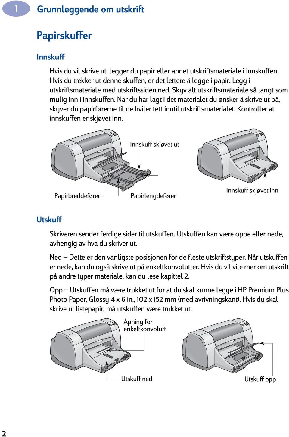 Når du har lagt i det materialet du ønsker å skrive ut på, skyver du papirførerne til de hviler tett inntil utskriftsmaterialet. Kontroller at innskuffen er skjøvet inn.