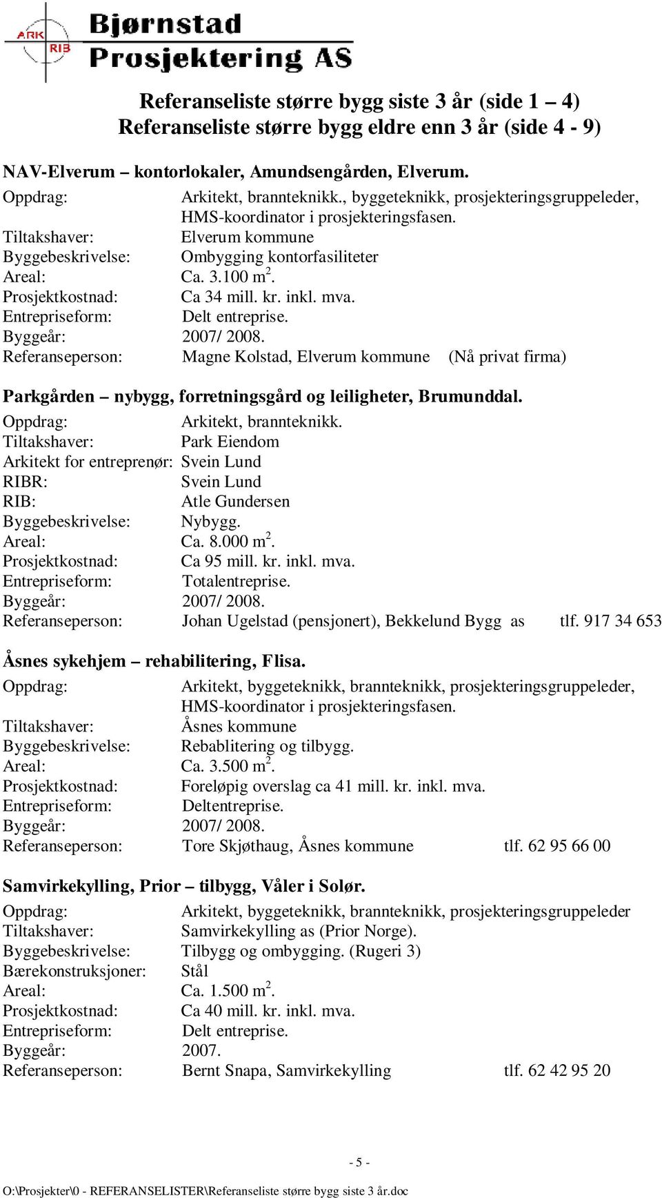 Referanseperson: Magne Kolstad, Elverum kommune (Nå privat firma) Parkgården nybygg, forretningsgård og leiligheter, Brumunddal. Arkitekt, brannteknikk.