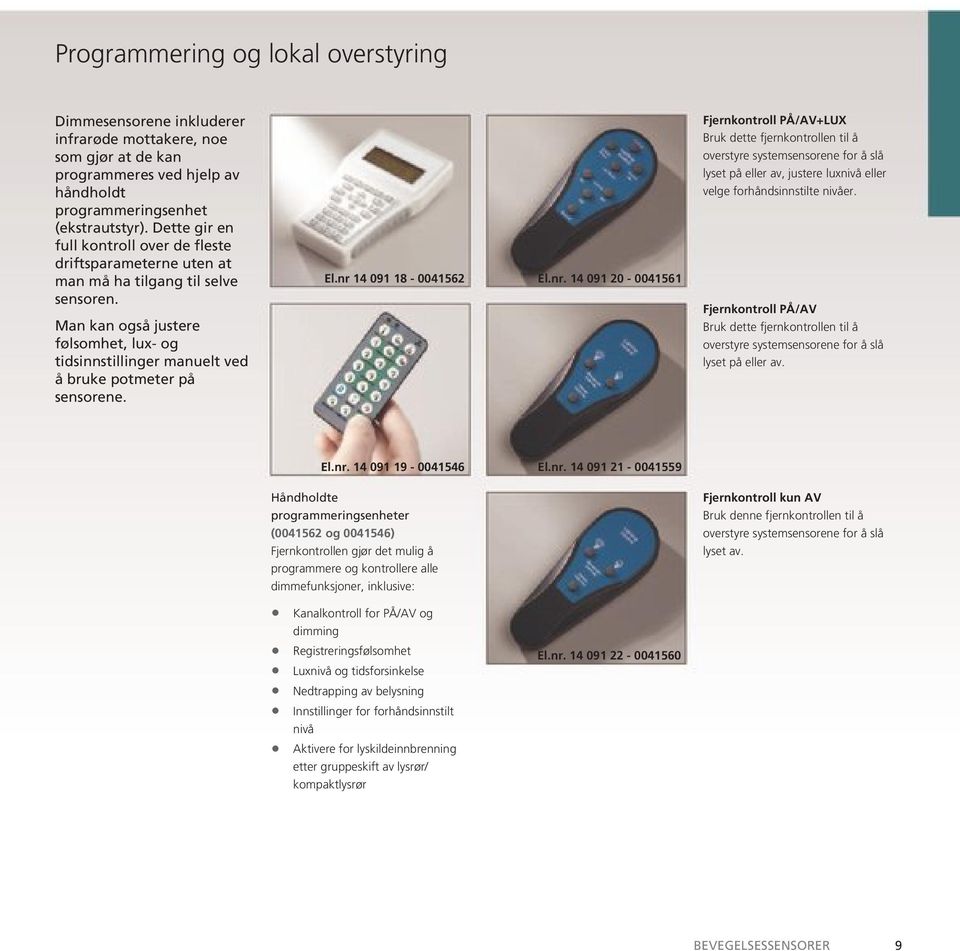 nr 14 091 18-0041562 El.nr. 14 091 20-0041561 Fjernkontroll PÅ/AV+LUX Bruk dette fjernkontrollen til å overstyre systemsensorene for å slå lyset på eller av, justere luxnivå eller velge forhåndsinnstilte nivåer.