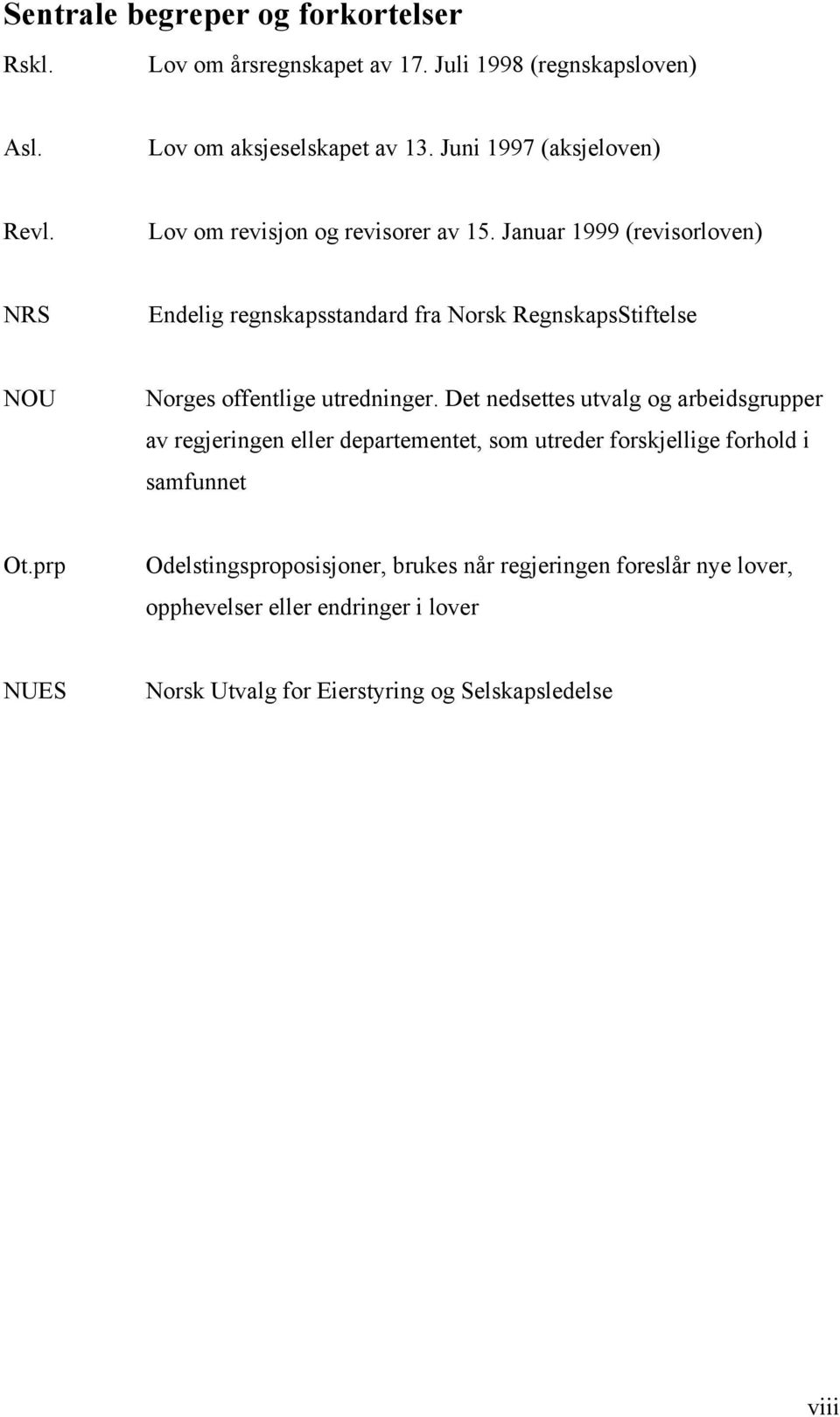 Januar 1999 (revisorloven) NRS Endelig regnskapsstandard fra Norsk RegnskapsStiftelse NOU Norges offentlige utredninger.