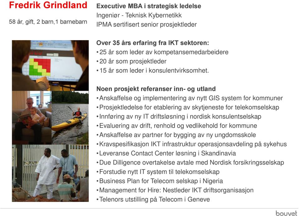 Noen prosjekt referanser inn- og utland Anskaffelse og implementering av nytt GIS system for kommuner Prosjektledelse for etablering av skytjeneste for telekomselskap Innføring av ny IT driftsløsning