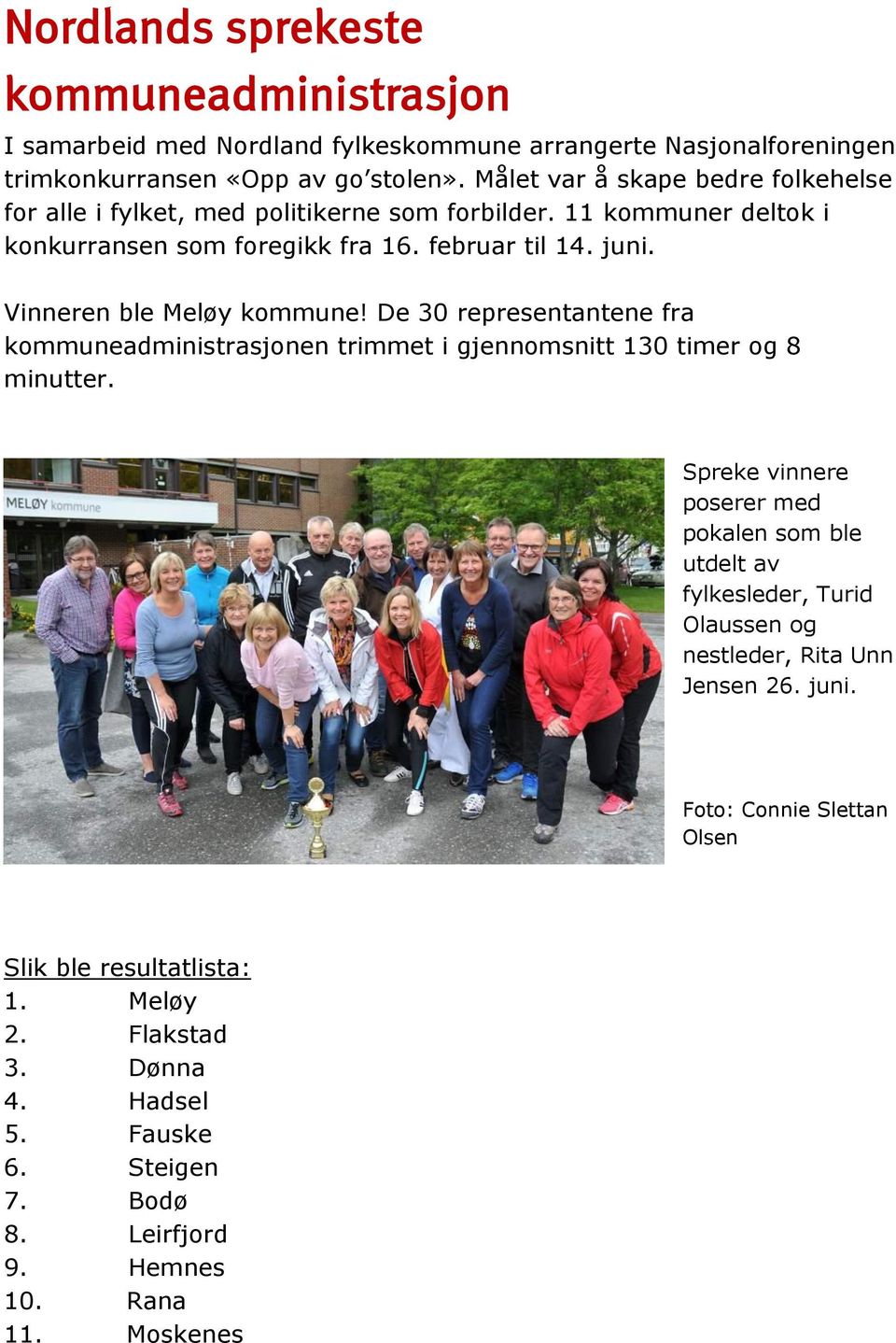 Vinneren ble Meløy kommune! De 30 representantene fra kommuneadministrasjonen trimmet i gjennomsnitt 130 timer og 8 minutter.
