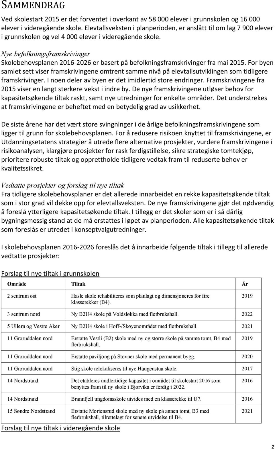 Nye befolkningsframskrivinger Skolebehovsplanen 2016-2026 er basert på befolkningsframskrivinger fra mai 2015.