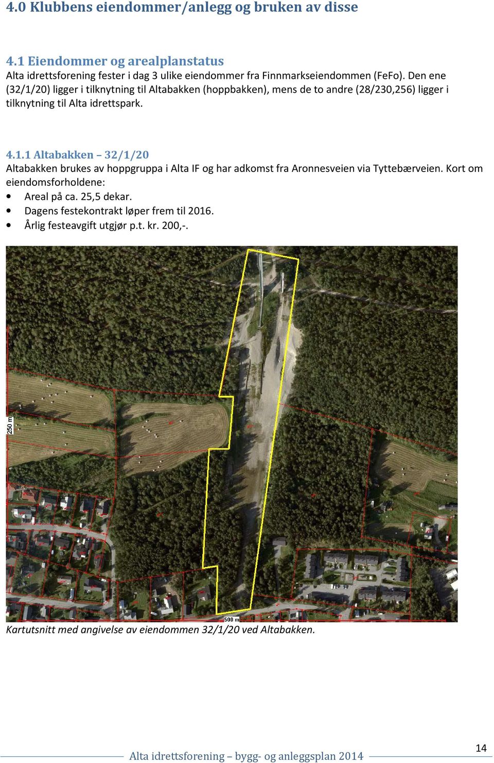 Den ene (32/1/20) ligger i tilknytning til Altabakken (hoppbakken), mens de to andre (28/230,256) ligger i tilknytning til Alta idrettspark. 4.1.1 Altabakken 32/1/20 Altabakken brukes av hoppgruppa i Alta IF og har adkomst fra Aronnesveien via Tyttebærveien.