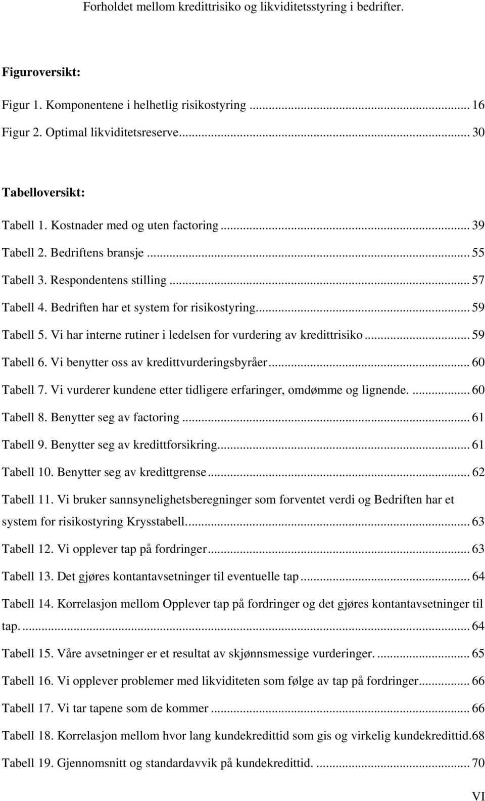 .. 59 Tabell 6. Vi benytter oss av kredittvurderingsbyråer... 60 Tabell 7. Vi vurderer kundene etter tidligere erfaringer, omdømme og lignende.... 60 Tabell 8. Benytter seg av factoring... 61 Tabell 9.