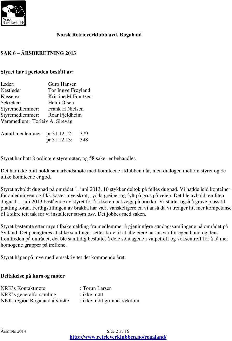 Det har ikke blitt holdt samarbeidsmøte med komiteene i klubben i år, men dialogen mellom styret og de ulike komiteene er god. Styret avholdt dugnad på området 1. juni 2013.