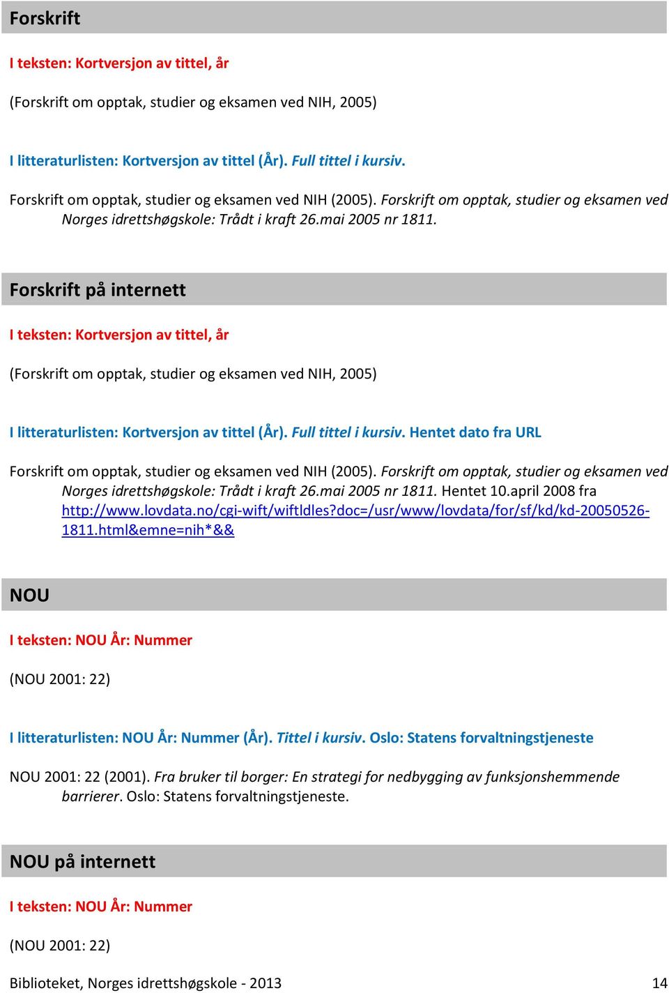 Forskrift på internett I teksten: Kortversjon av tittel, år (Forskrift om opptak, studier og eksamen ved NIH, 2005) I litteraturlisten: Kortversjon av tittel (År). Full tittel i kursiv.