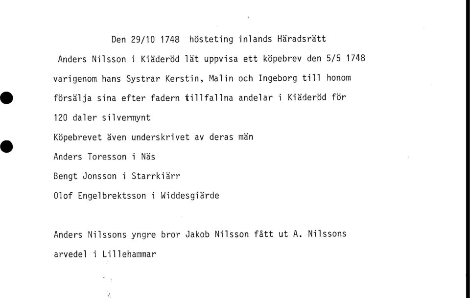 K1éder6d fbr 120 da1er s11vermynt Kpebrevet Even underskr1vet av deras mén Anders Toresson 1 Nés Bengt Jonsson 1