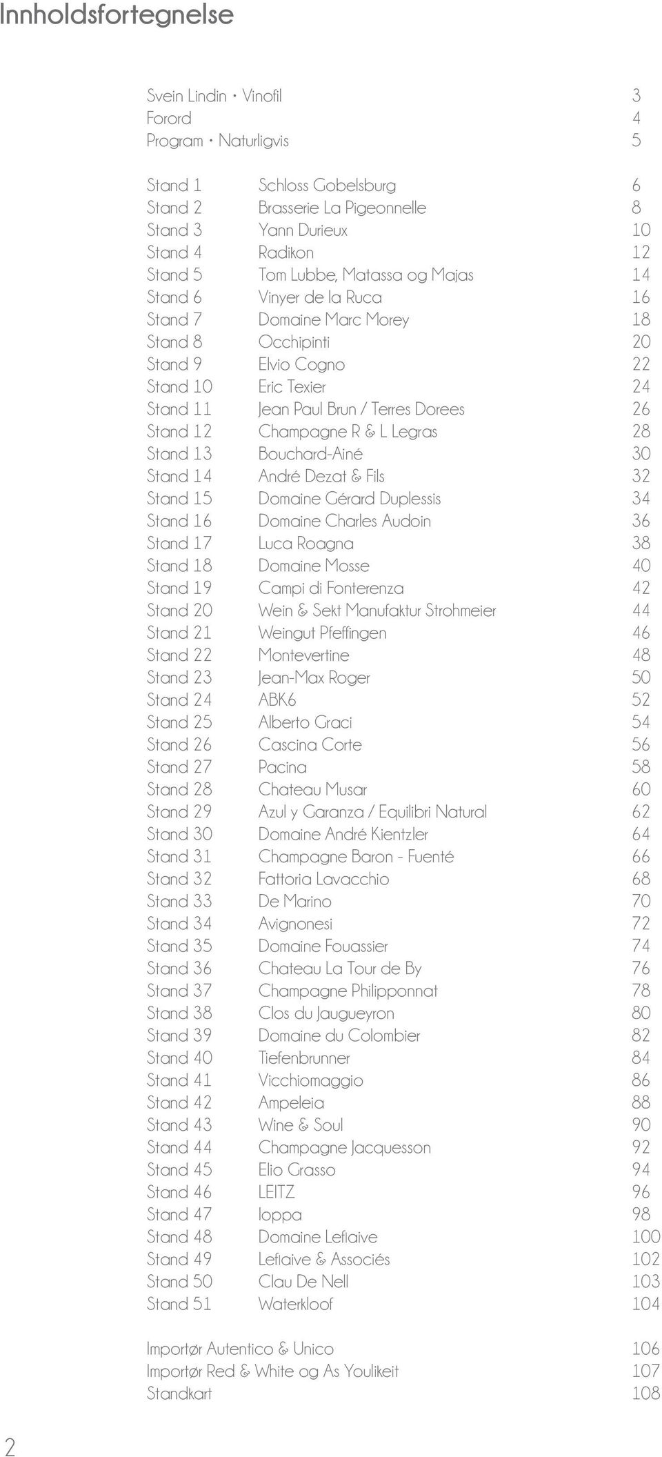 Stand 12 Champagne R & L Legras 28 Stand 13 Bouchard-Ainé 30 Stand 14 André Dezat & Fils 32 Stand 15 Domaine Gérard Duplessis 34 Stand 16 Domaine Charles Audoin 36 Stand 17 Luca Roagna 38 Stand 18