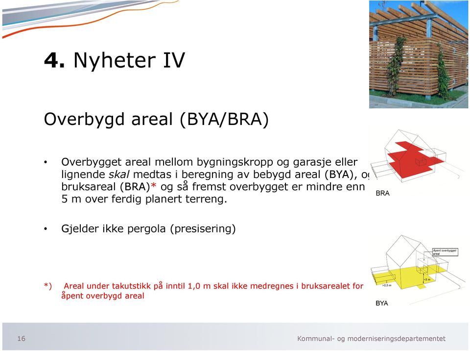 medtas i beregning av bebygd areal (BYA), og bruksareal (BRA)* og så fremst overbygget er mindre enn 5 m over