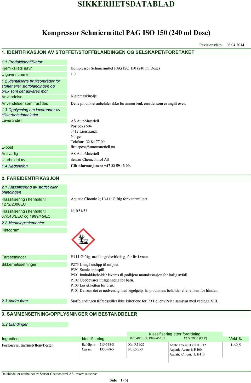 3 Opplysning om leverandør av sikkerhetsdatabladet Leverandør E-post Ansvarlig Utarbeidet av Kjølemaskinolje Dette produktet anbefales ikke for annen bruk enn det som er angitt over.