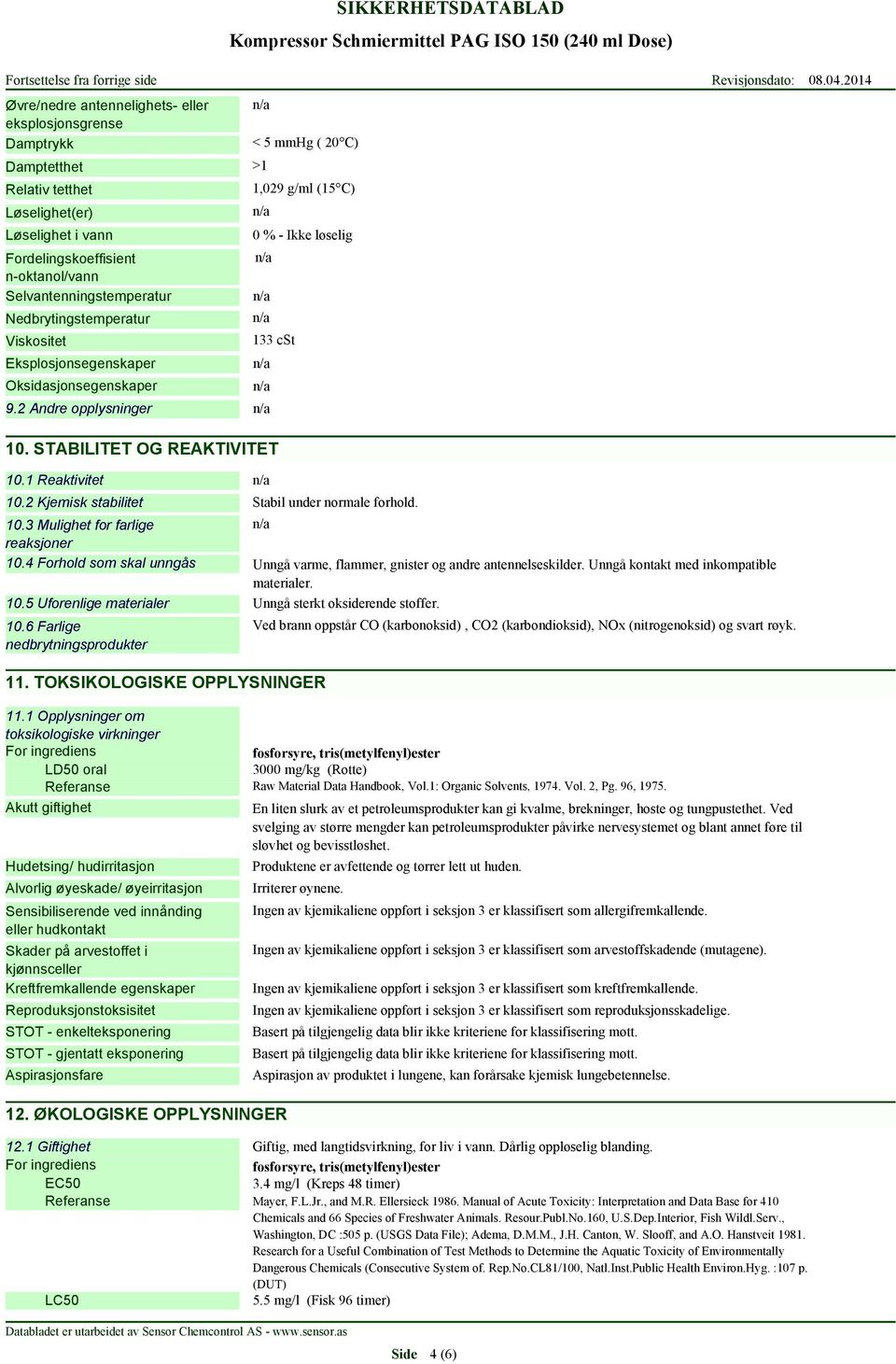 1 Reaktivitet 10.2 Kjemisk stabilitet Stabil under normale forhold. 10.3 Mulighet for farlige reaksjoner 10.4 Forhold som skal unngås Unngå varme, flammer, gnister og andre antennelseskilder.