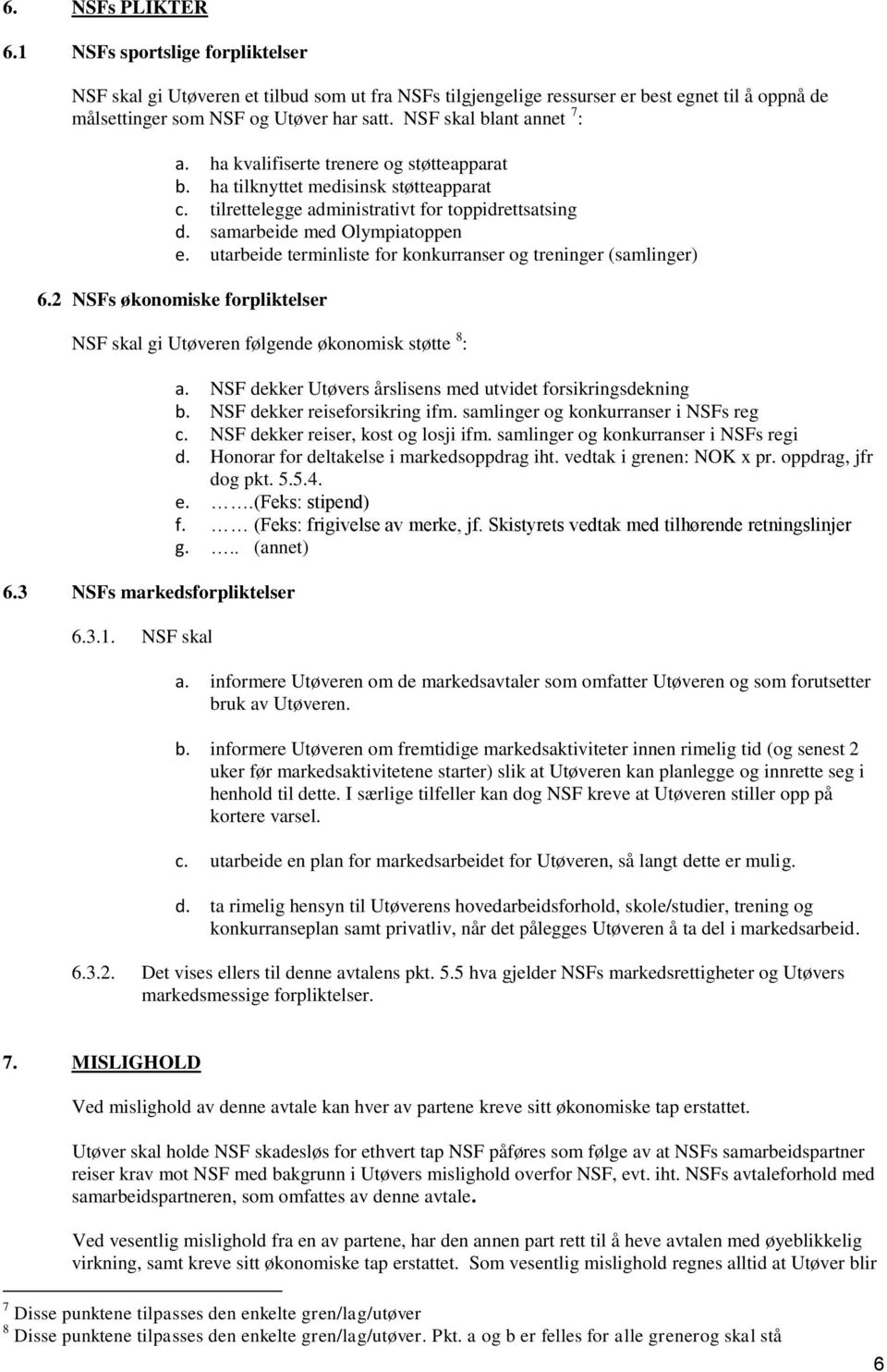 utarbeide terminliste for konkurranser og treninger (samlinger) 6.2 NSFs økonomiske forpliktelser NSF skal gi Utøveren følgende økonomisk støtte 8 : 6.3 NSFs markedsforpliktelser 6.3.1. NSF skal a.