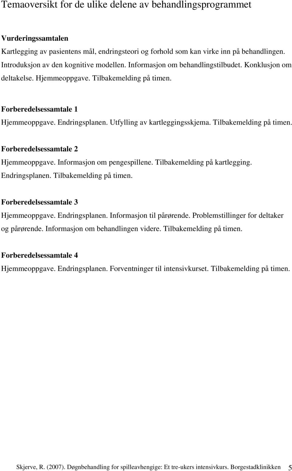 Utfylling av kartleggingsskjema. Tilbakemelding på timen. Forberedelsessamtale 2 Hjemmeoppgave. Informasjon om pengespillene. Tilbakemelding på kartlegging. Endringsplanen. Tilbakemelding på timen. Forberedelsessamtale 3 Hjemmeoppgave.