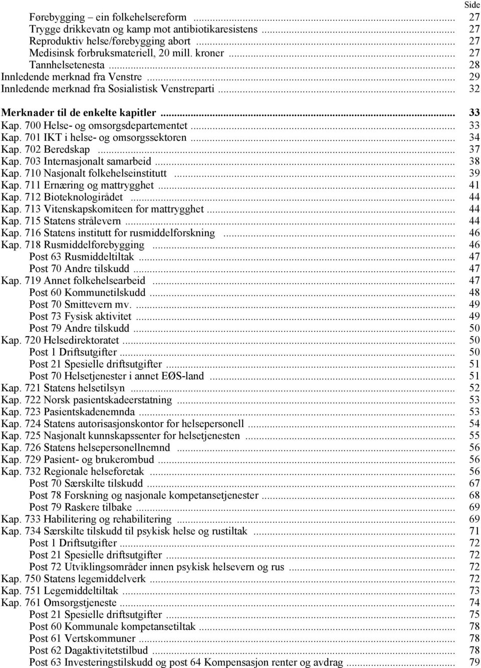 700 Helse- og omsorgsdepartementet... 33 Kap. 701 IKT i helse- og omsorgssektoren... 34 Kap. 702 Beredskap... 37 Kap. 703 Internasjonalt samarbeid... 38 Kap. 710 Nasjonalt folkehelseinstitutt... 39 Kap.