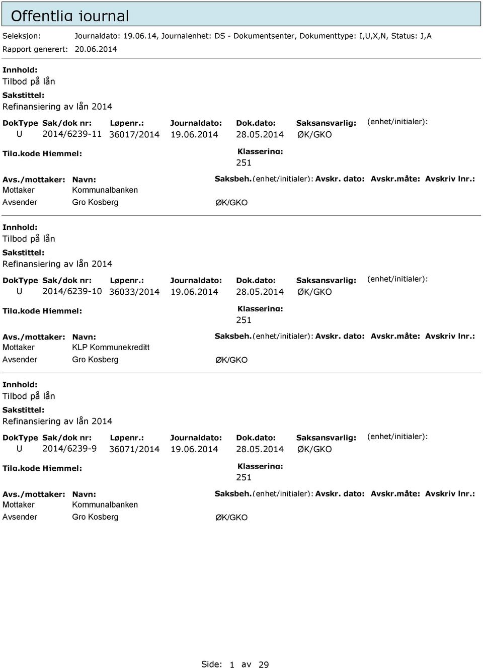 : Mottaker Kommunalbanken Gro Kosberg nnhold: Tilbod på lån Refinansiering av lån 2014 2014/6239-10 36033/2014 28.