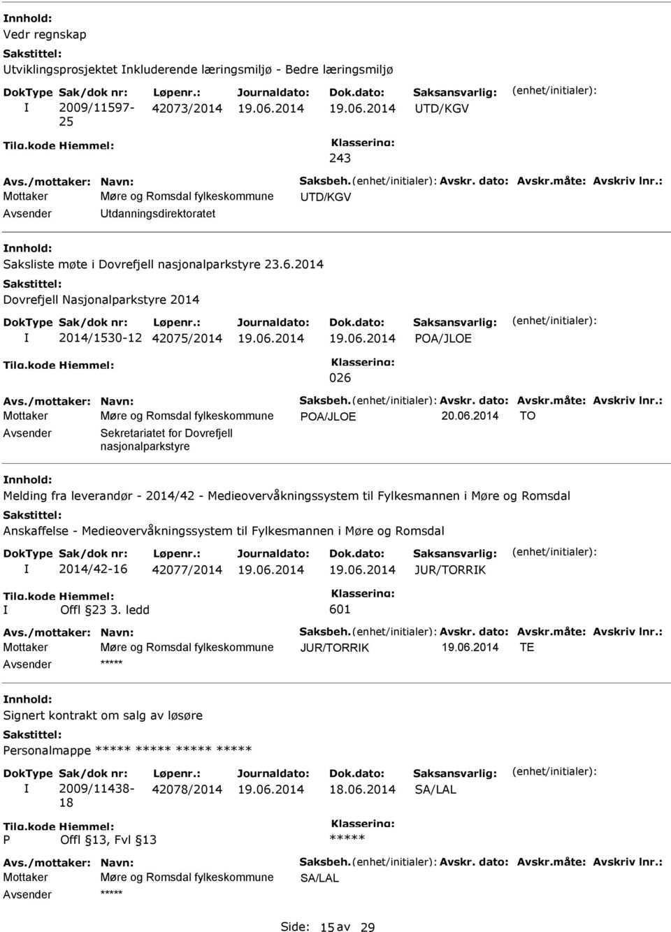 2014 Dovrefjell Nasjonalparkstyre 2014 2014/1530-12 42075/2014 POA/JLOE 026 Avs./mottaker: Navn: Saksbeh. Avskr. dato: Avskr.måte: Avskriv lnr.: Mottaker Møre og Romsdal fylkeskommune POA/JLOE 20.06.