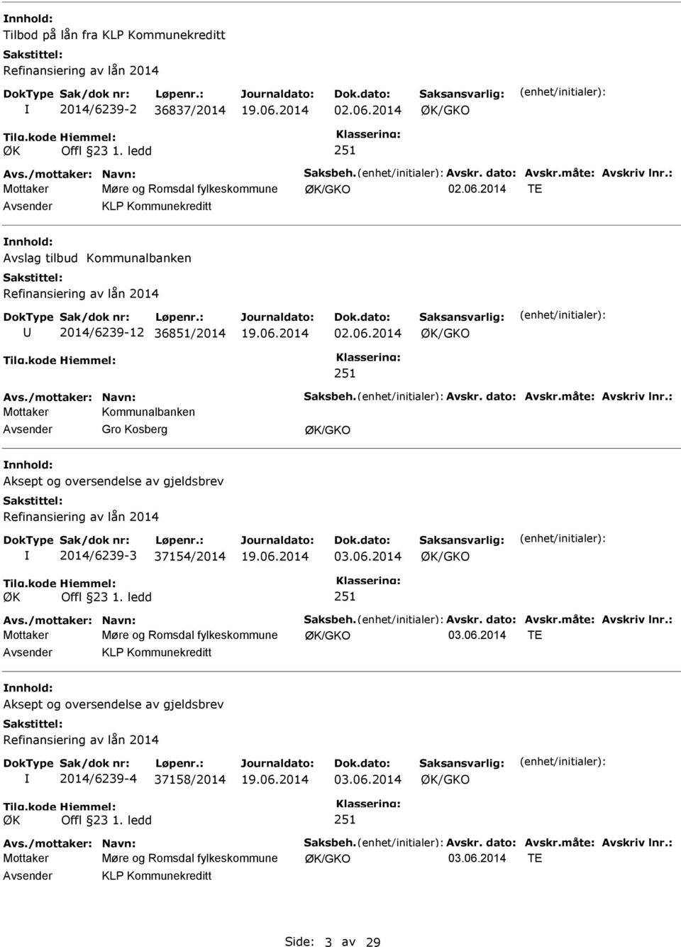 /mottaker: Navn: Saksbeh. Avskr. dato: Avskr.måte: Avskriv lnr.: Mottaker Kommunalbanken Gro Kosberg nnhold: Aksept og oversendelse av gjeldsbrev Refinansiering av lån 2014 2014/6239-3 37154/2014 03.