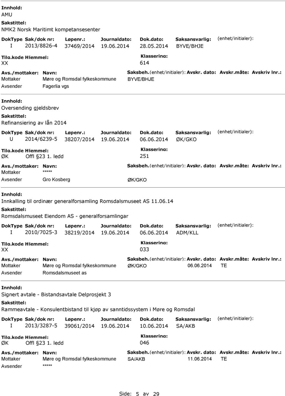 /mottaker: Navn: Saksbeh. Avskr. dato: Avskr.måte: Avskriv lnr.: Mottaker Gro Kosberg nnhold: nnkalling til ordinær generalforsamling Romsdalsmuseet AS 11.06.