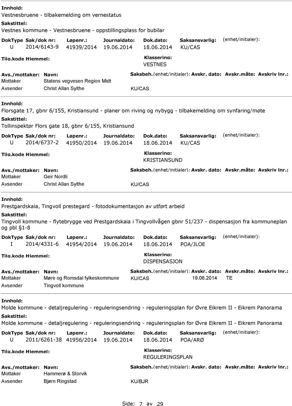 : Mottaker Statens vegvesen Region Midt Christ Allan Sylthe K/CAS nnhold: Florsgate 17, gbnr 6/155, Kristiansund - planer om riving og nybygg - tilbakemelding om synfaring/møte Tollinspektør Flors