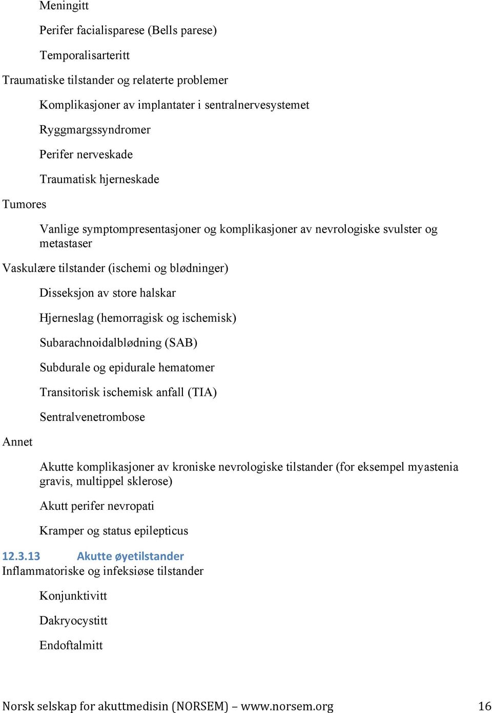 halskar Hjerneslag (hemorragisk og ischemisk) Subarachnoidalblødning (SAB) Subdurale og epidurale hematomer Transitorisk ischemisk anfall (TIA) Sentralvenetrombose Akutte komplikasjoner av kroniske