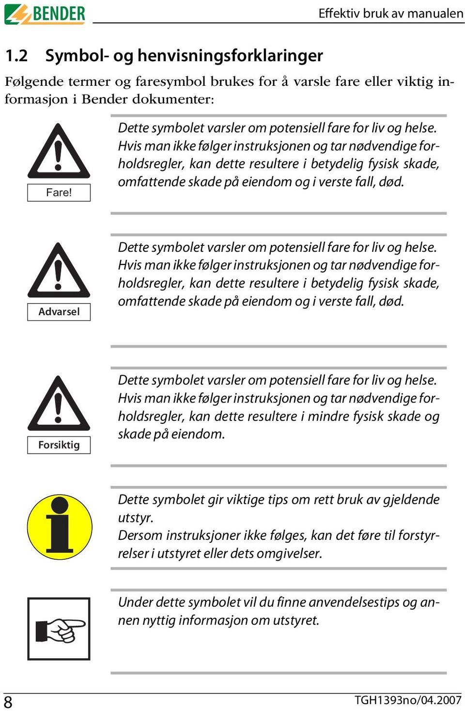 Hvis man ikke følger instruksjonen og tar nødvendige forholdsregler, kan dette resultere i betydelig fysisk skade, omfattende skade på eiendom og i verste fall, død.