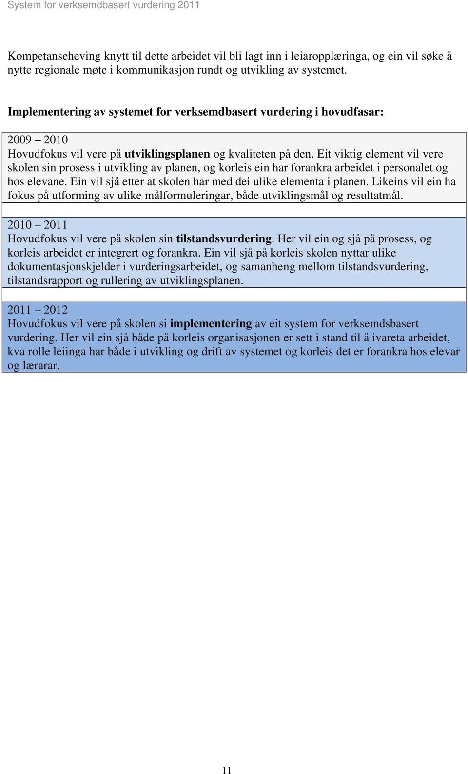 Eit viktig element vil vere skolen sin prosess i utvikling av planen, og korleis ein har forankra arbeidet i personalet og hos elevane. Ein vil sjå etter at skolen har med dei ulike elementa i planen.