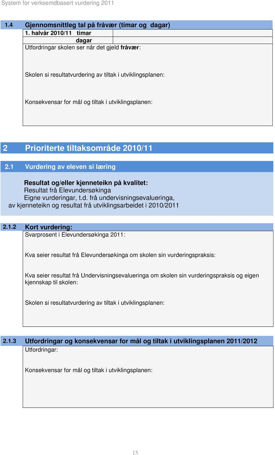 tiltaksområde 2010/11 2.1 Vurdering av eleven si læring Resultat og/eller kjenneteikn på kvalitet: Resultat frå Elevundersøkinga Eigne vurderingar, t.d. frå undervisningsevalueringa, av kjenneteikn og resultat frå utviklingsarbeidet i 2010/2011 2.