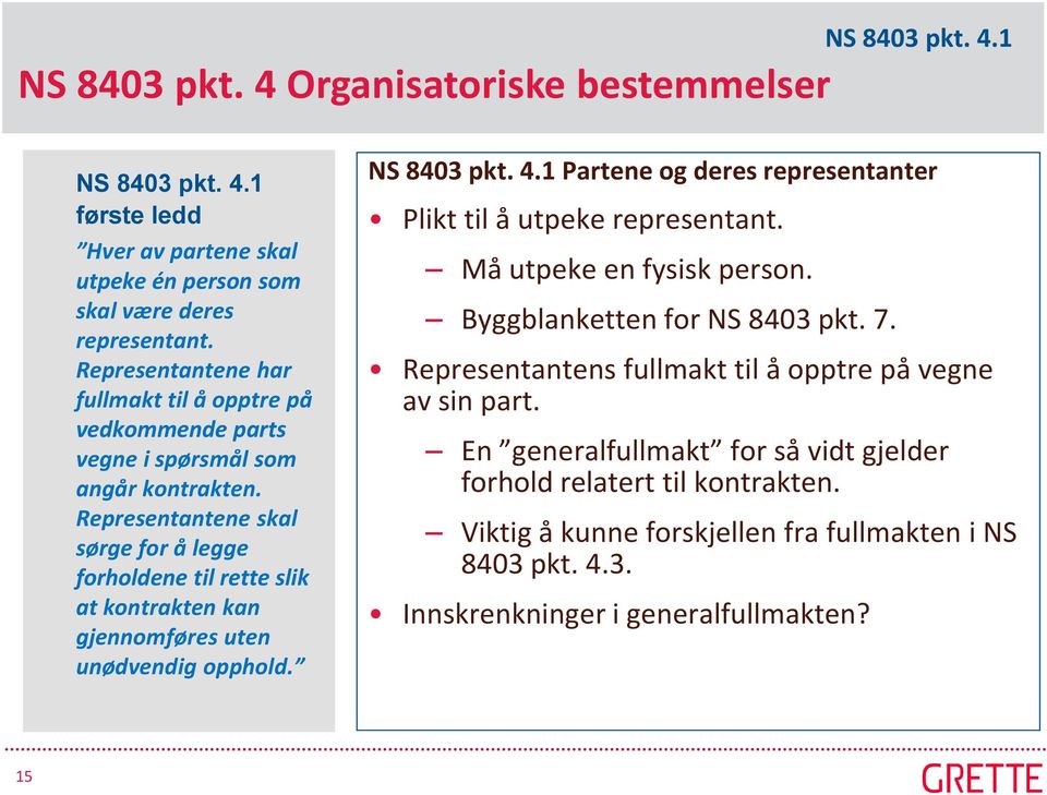 Representantene skal sørge for å legge forholdene til rette slik at kontrakten kan gjennomføres uten unødvendig opphold. NS 8403 pkt. 4.