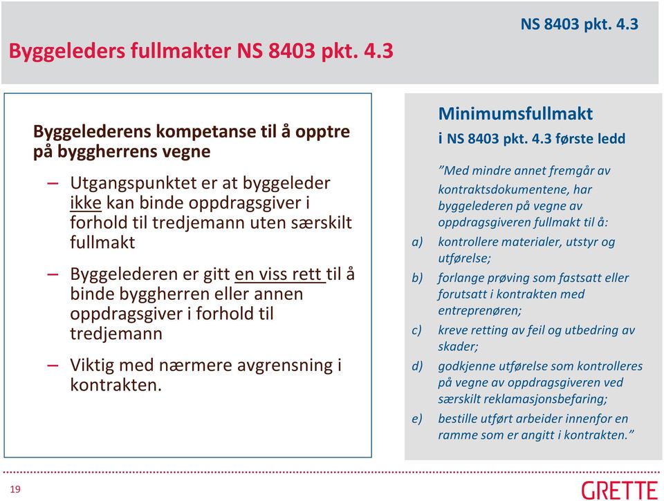 3 Byggelederens kompetanse til å opptre på byggherrens vegne Utgangspunktet er at byggeleder ikke kan binde oppdragsgiver i forhold til tredjemann uten særskilt fullmakt Byggelederen er gitt en viss