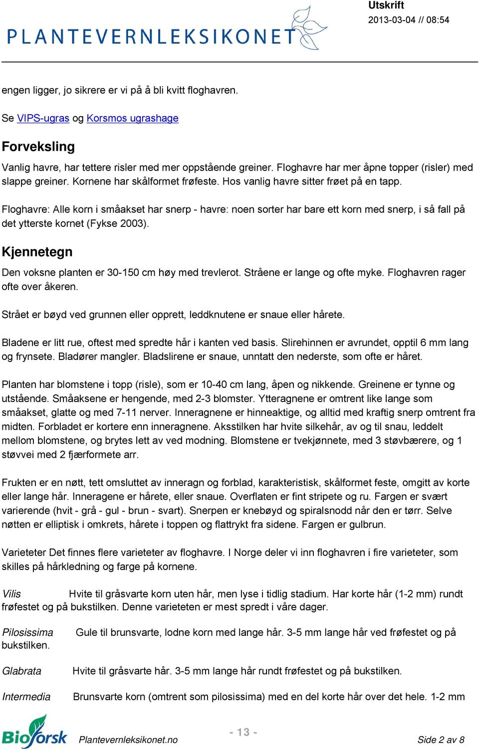 Floghavre: Alle korn i småakset har snerp - havre: noen sorter har bare ett korn med snerp, i så fall på det ytterste kornet (Fykse 2003). Kjennetegn Den voksne planten er 30-150 cm høy med trevlerot.