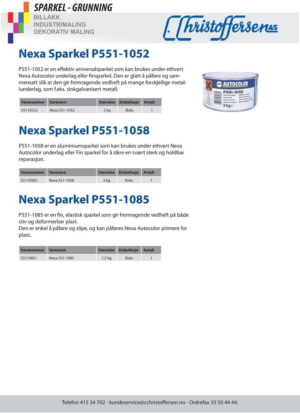 55110522 Nexa 551-1052 2 kg Boks 1 Nexa Sparkel P551-1058 P551-1058 er en aluminiumsparkel som kan brukes under ethvert Nexa Autocolor underlag eller Fin sparkel for å sikre en svært sterk og