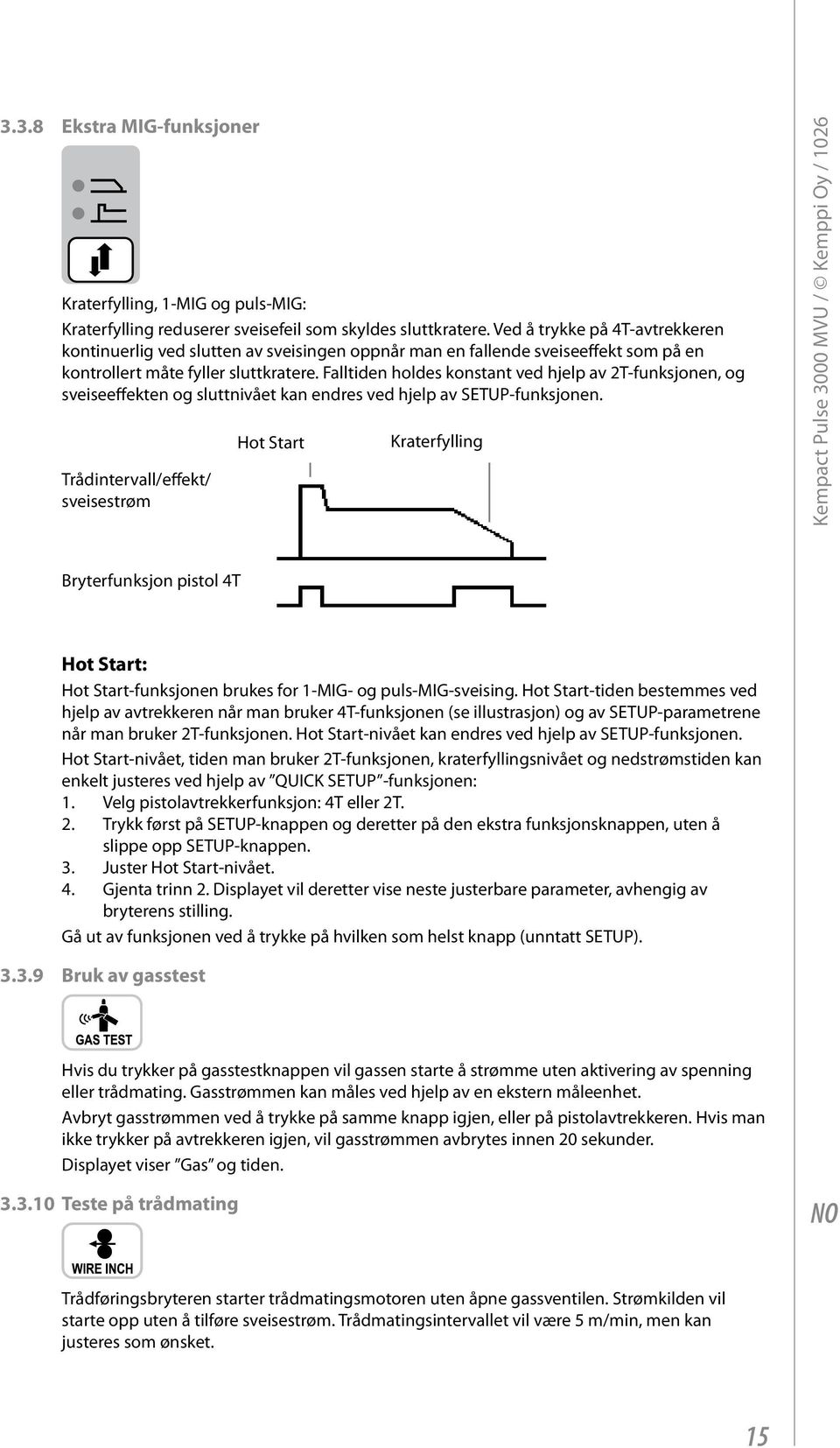 Falltiden holdes konstant ved hjelp av 2T-funksjonen, og sveiseeffekten og sluttnivået kan endres ved hjelp av SETUP-funksjonen.