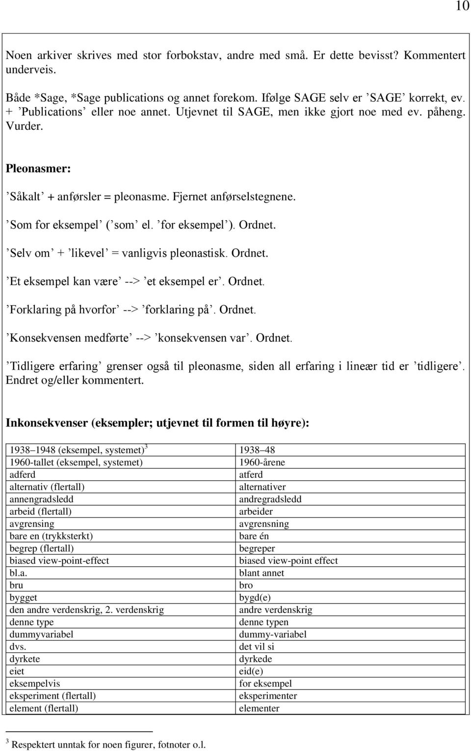 for eksempel ). Ordnet. ʼSelv omʼ + ʼlikevelʼ = vanligvis pleonastisk. Ordnet. ʼEt eksempel kan væreʼ --> ʼet eksempel erʼ. Ordnet. ʼForklaring på hvorforʼ --> ʼforklaring påʼ. Ordnet. ʼKonsekvensen medførteʼ --> ʼkonsekvensen varʼ.