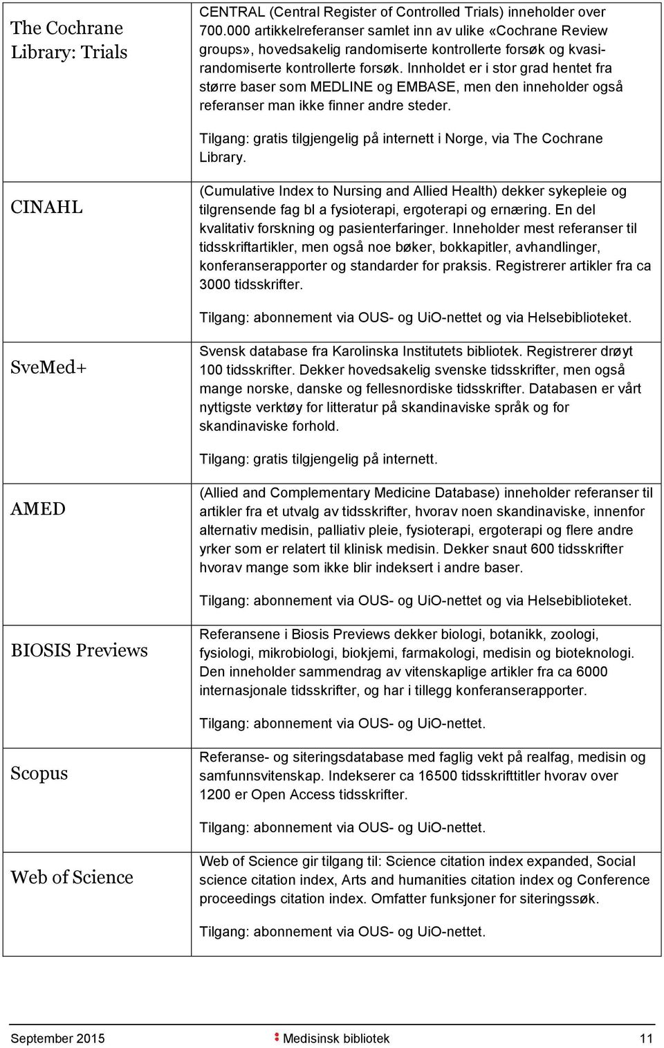 Innholdet er i stor grad hentet fra større baser som MEDLINE og EMBASE, men den inneholder også referanser man ikke finner andre steder.