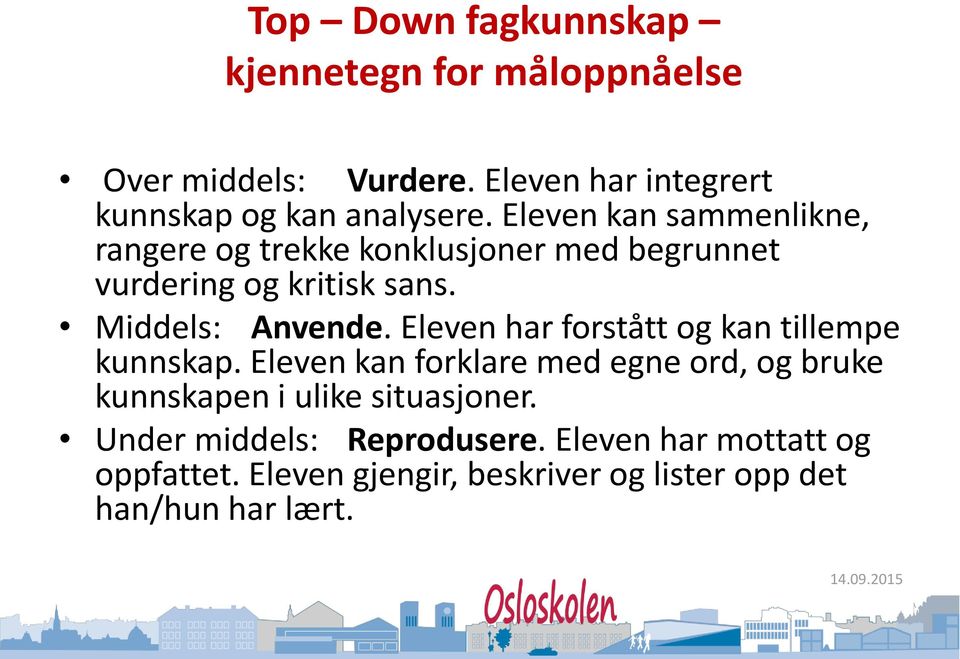 Eleven har forstått og kan tillempe kunnskap. Eleven kan forklare med egne ord, og bruke kunnskapen i ulike situasjoner.