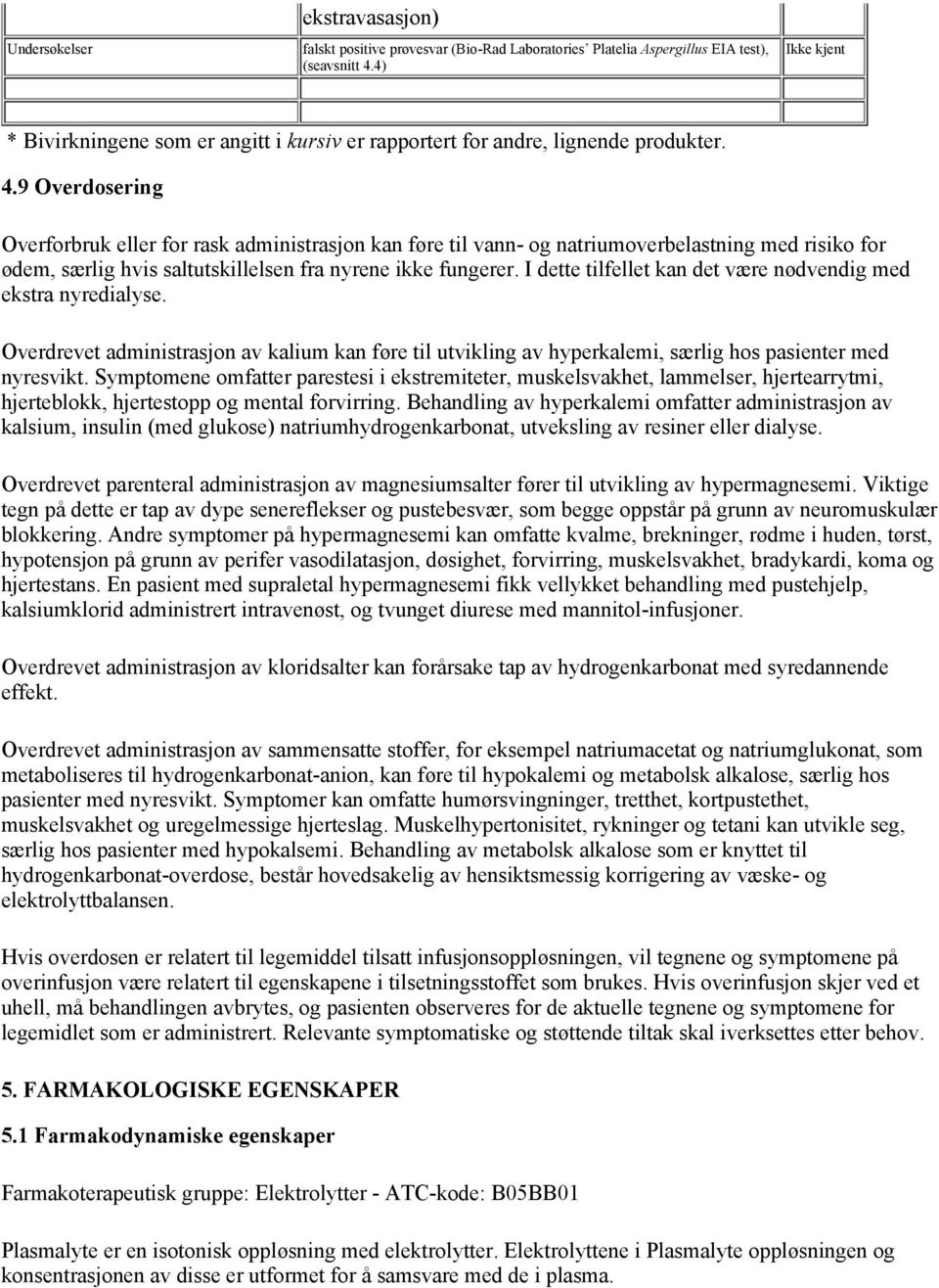 9 Overdosering Overforbruk eller for rask administrasjon kan føre til vann- og natriumoverbelastning med risiko for ødem, særlig hvis saltutskillelsen fra nyrene ikke fungerer.