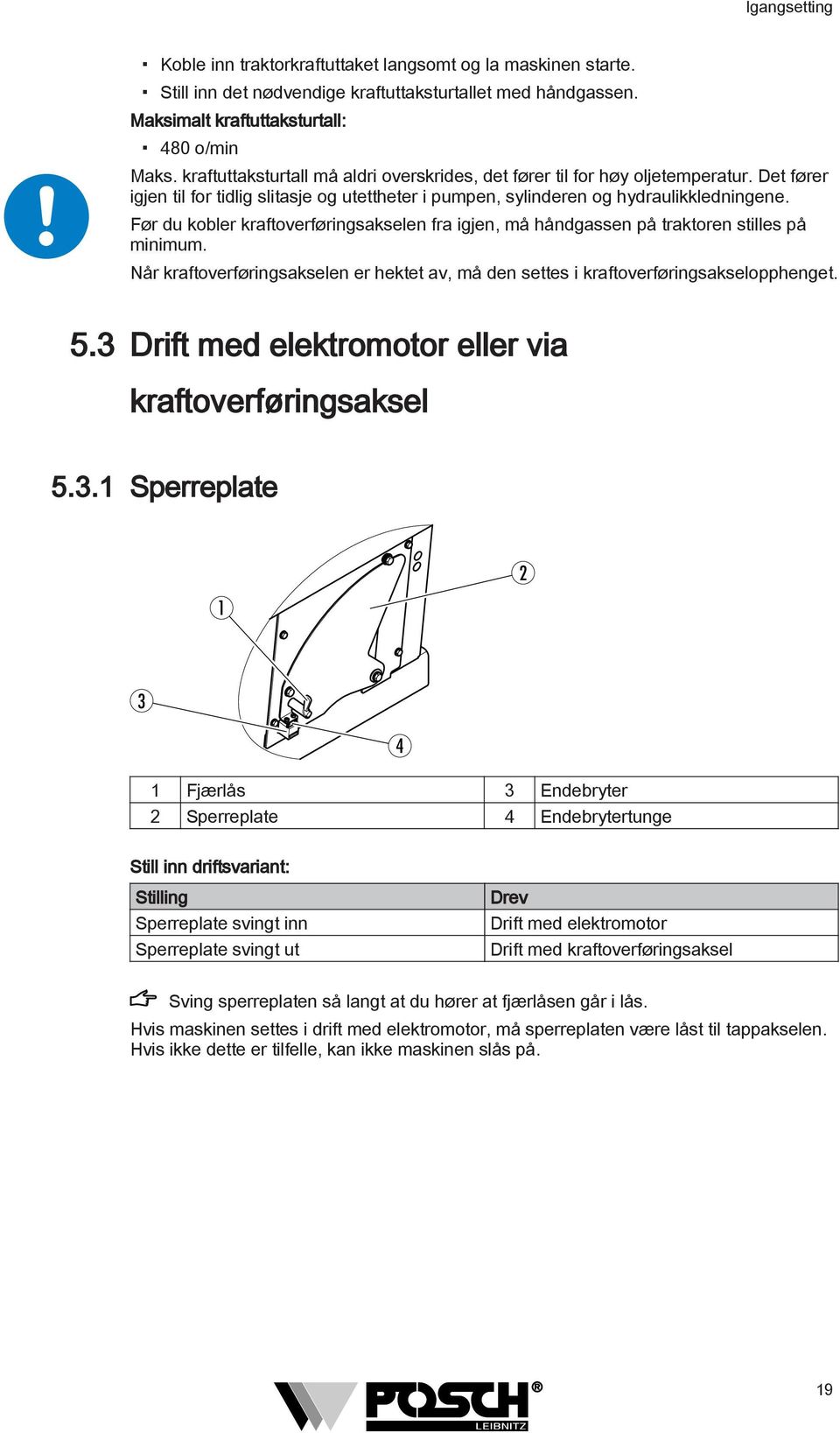 Før du kobler kraftoverføringsakselen fra igjen, må håndgassen på traktoren stilles på minimum. Når kraftoverføringsakselen er hektet av, må den settes i kraftoverføringsakselopphenget. 5.