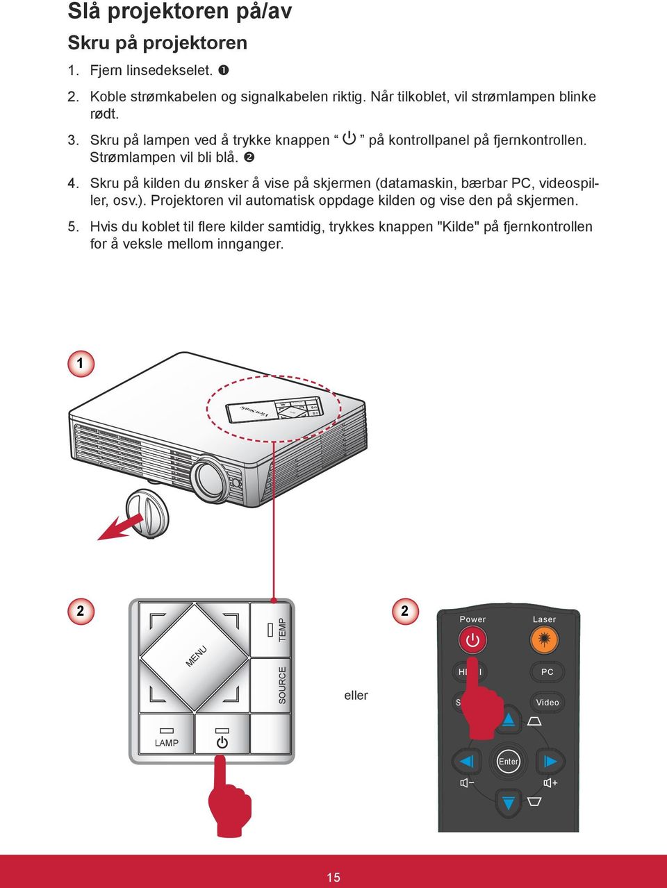 Skru på kilden du ønsker å vise på skjermen (datamaskin, bærbar PC, videospiller, osv.). Projektoren vil automatisk oppdage kilden og vise den på skjermen. 5.