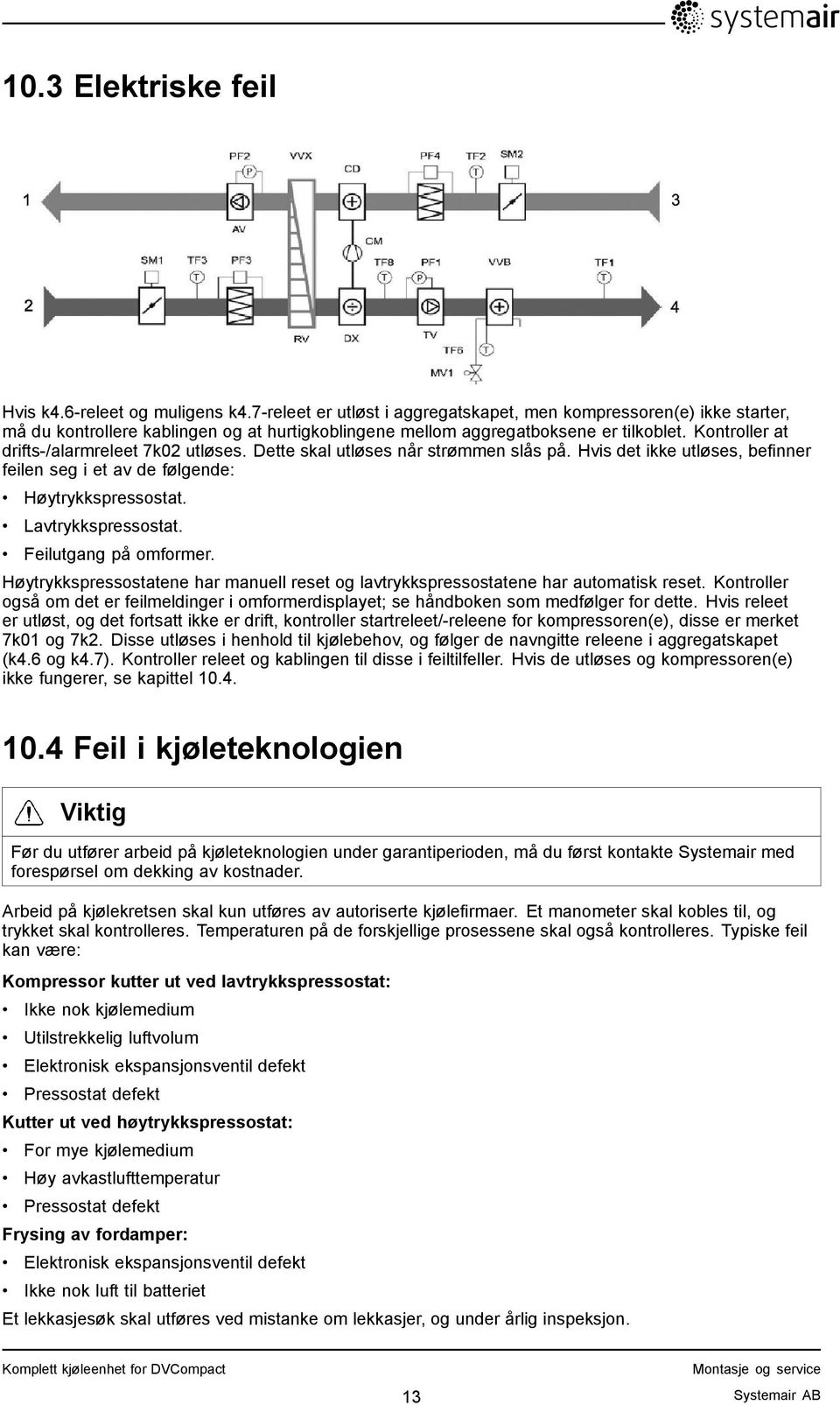 Kontroller at drifts-/alarmreleet 7k02 utløses. Dette skal utløses når strømmen slås på. Hvis det ikke utløses, befinner feilen seg i et av de følgende: Høytrykkspressostat. Lavtrykkspressostat.