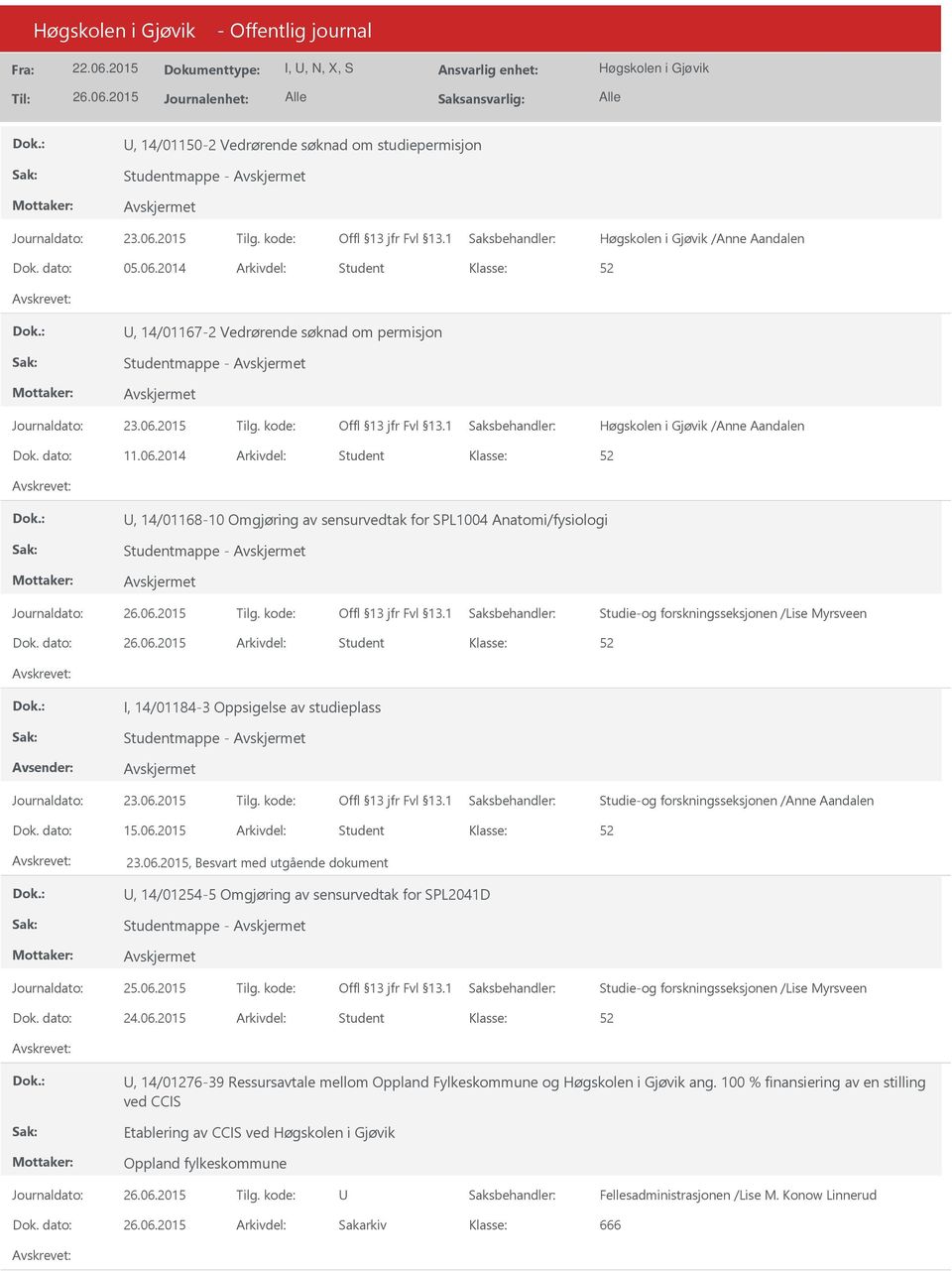 2014 Arkivdel: Student, 14/01168-10 Omgjøring av sensurvedtak for SPL1004 Anatomi/fysiologi Studentmappe - Journaldato: Tilg. kode: Studie-og forskningsseksjonen /Lise Myrsveen Dok.