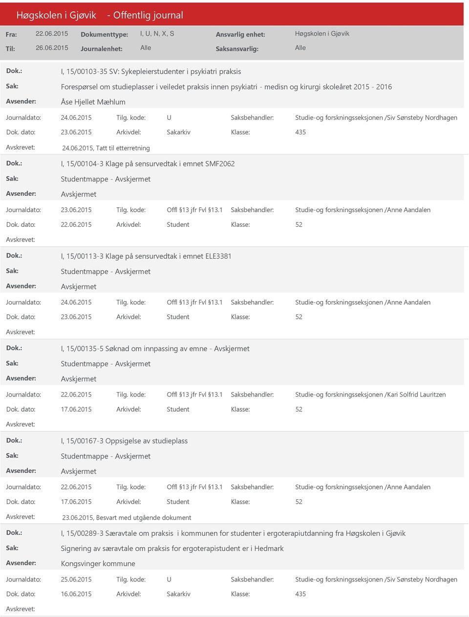 dato: Arkivdel: Student I, 15/00113-3 Klage på sensurvedtak i emnet ELE3381 Studentmappe - Dok. dato: 23.06.