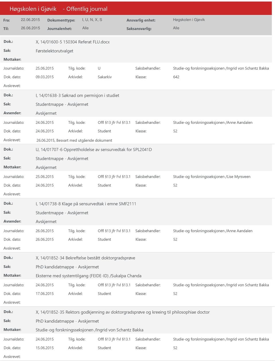 2015 Arkivdel: Student I, 14/01738-8 Klage på sensurvedtak i emne SMF2111 Studentmappe - Journaldato: Tilg. kode: Dok.