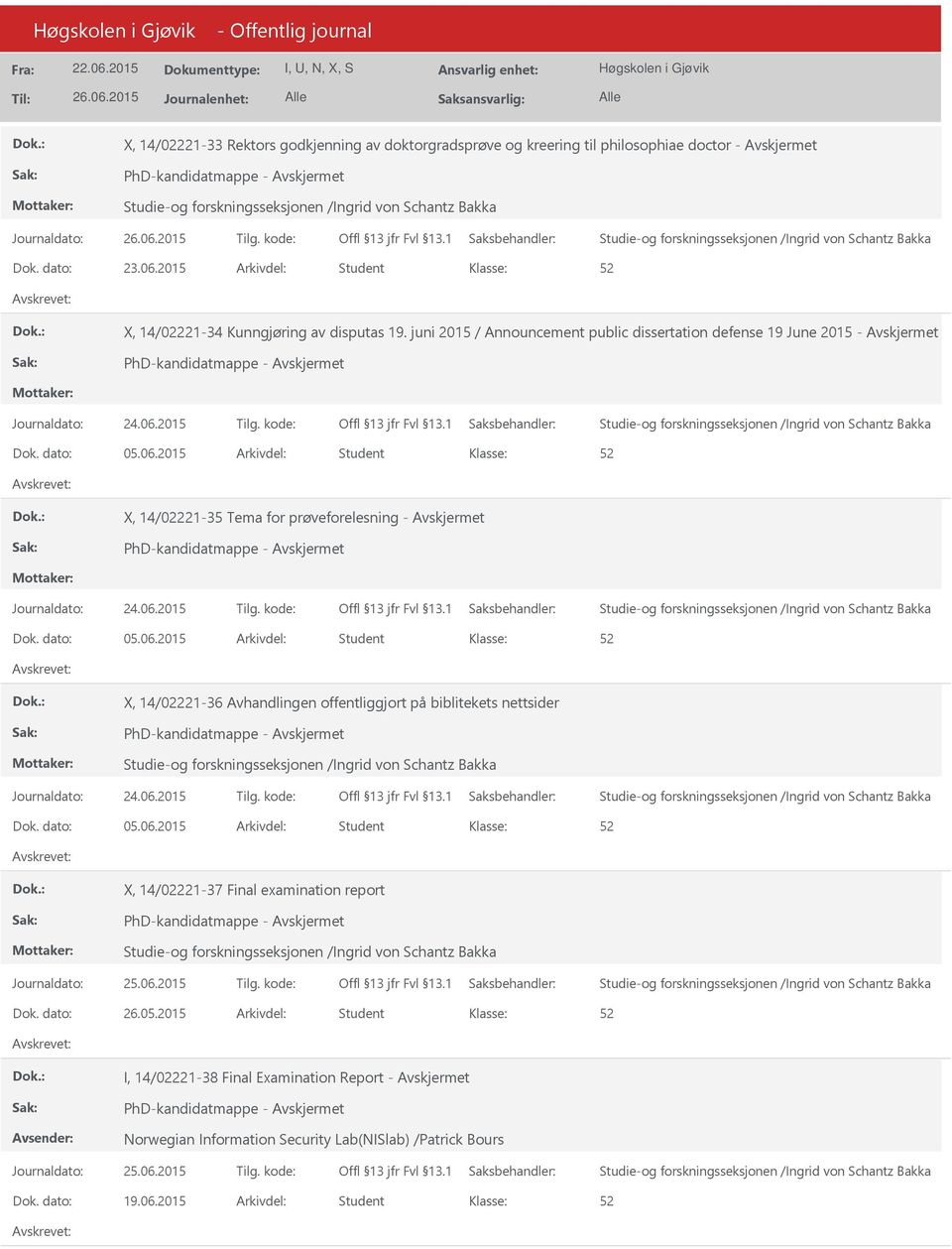 2015 Arkivdel: Student X, 14/02221-35 Tema for prøveforelesning - PhD-kandidatmappe - Dok. dato: 05.06.