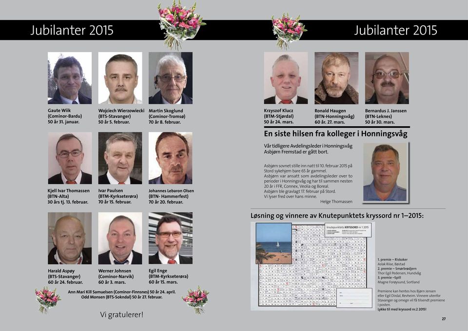 Kjell Ivar Thomassen (BTN-Alta) 30 års tj. 13. februar. Ivar Paulsen (BTM-Kyrkseterøra) 70 år 15. februar. Johannes Lebaron Olsen (BTN- Hammerfest) 70 år 20. februar. Asbjørn sovnet stille inn natt til 10.