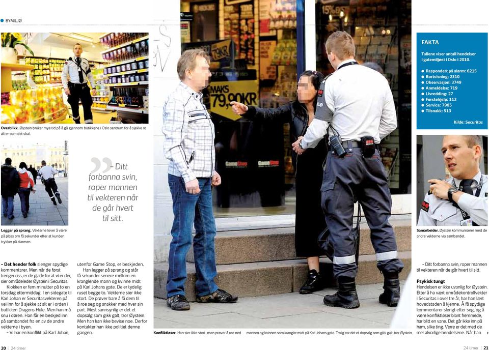 Øystein bruker mye tid på å gå gjennom butikkene i Oslo sentrum for å sjekke at alt er som det skal. Kilde: Securitas Ditt forbanna svin, roper mannen til vekteren når de går hvert til sitt.