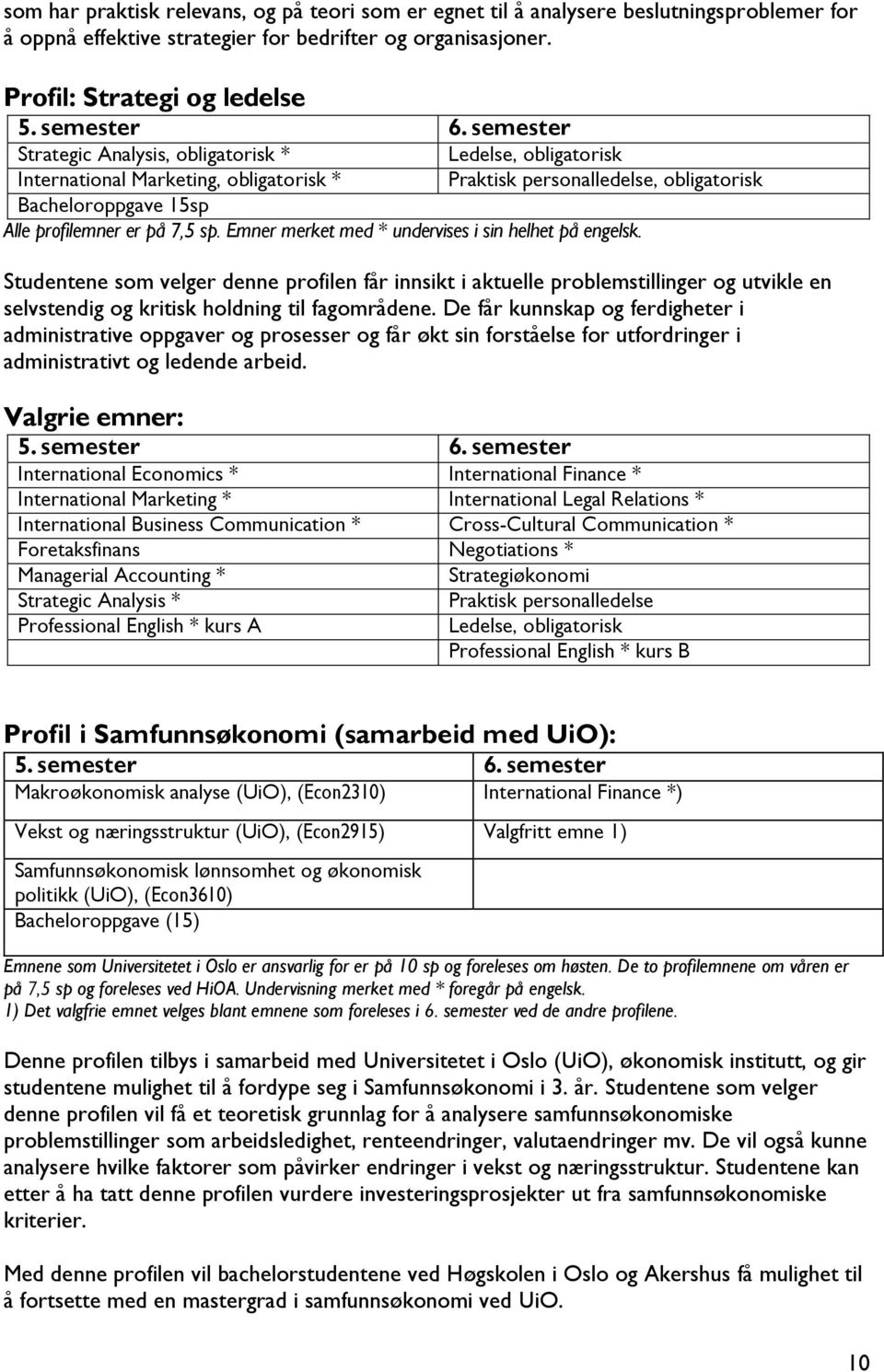 Emner merket med * undervises i sin helhet på engelsk. Studentene som velger denne profilen får innsikt i aktuelle problemstillinger og utvikle en selvstendig og kritisk holdning til fagområdene.